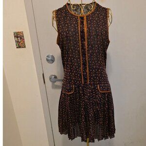Vintage Sleeveless Women's Dress Brown Floral Pleated Skirt Size S